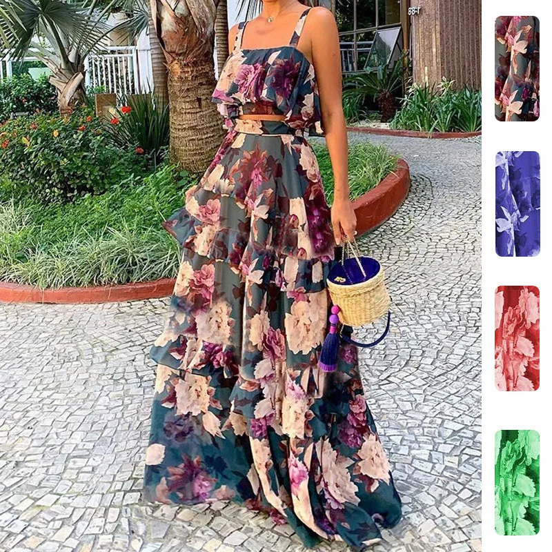 Womens Two Piece Outfits Floral Print Ruffle Crop Cami Tops High Waist Tiered Maxi Skirt Ladies Summer Beach Clothes Sets 260617