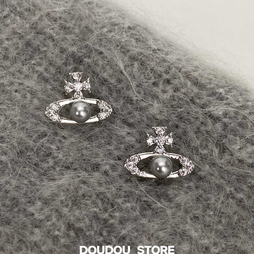 Brand Designer Luxury Jewelry 925 Silver Needle Simple Gray Pearl Saturn Earrings Planet Earrings High-End Small Elegant Womens Earrings Wholesale 4