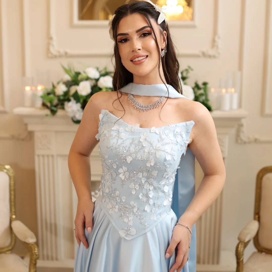 High Quality Prom Pageant Dress Strapless 3D Flowers Lace Lace Up Satin Floor Length Evening Birthday Formal Party Gowns Arabic vestidos de noche