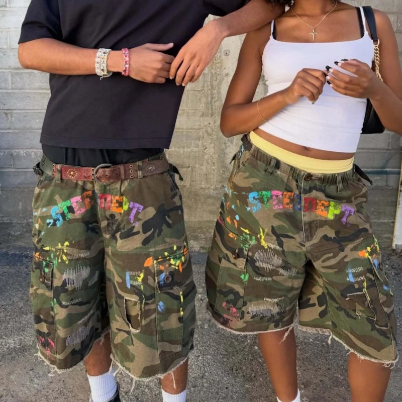 Mens Cargo Shorts Camouflage Print Vintage Streetwear Harajuku Unisex Loose Fit Five Length Straight Leg Casual Summer Fashion 260623