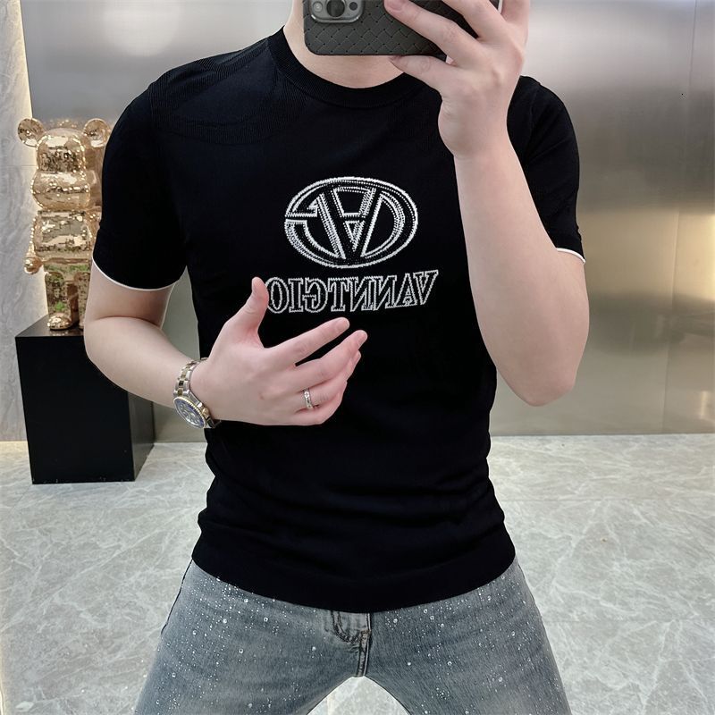 Camiseta con diamantes de imitación para hombre, camiseta ajustada de jacquard de seda helada con estampado de logotipo blanco, camisa negra de mang