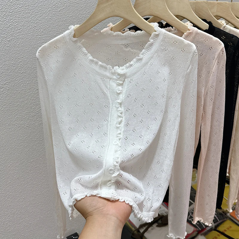 Knitted Sweater Women Cardigans Long Sleeve Knit Cardigan Tops White ONeck Hollow Out Sueters De Mujer Q3520 260623
