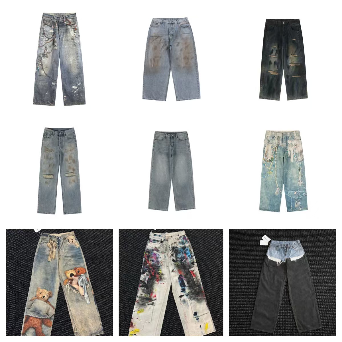 Ance jeans designer hip-hop jeans hand-painted splashed ink ripped jeans loose wide leg graffiti mens and womens retro fashion jeans