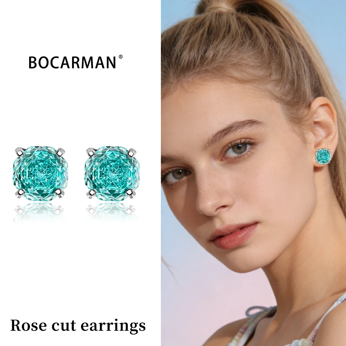 BOCARMAN S925 Silver Earrings with gradient color Paraiba Rose Cut Cubic Zirconia Stylish Hypoallergenic for Women fine jewelry 260624