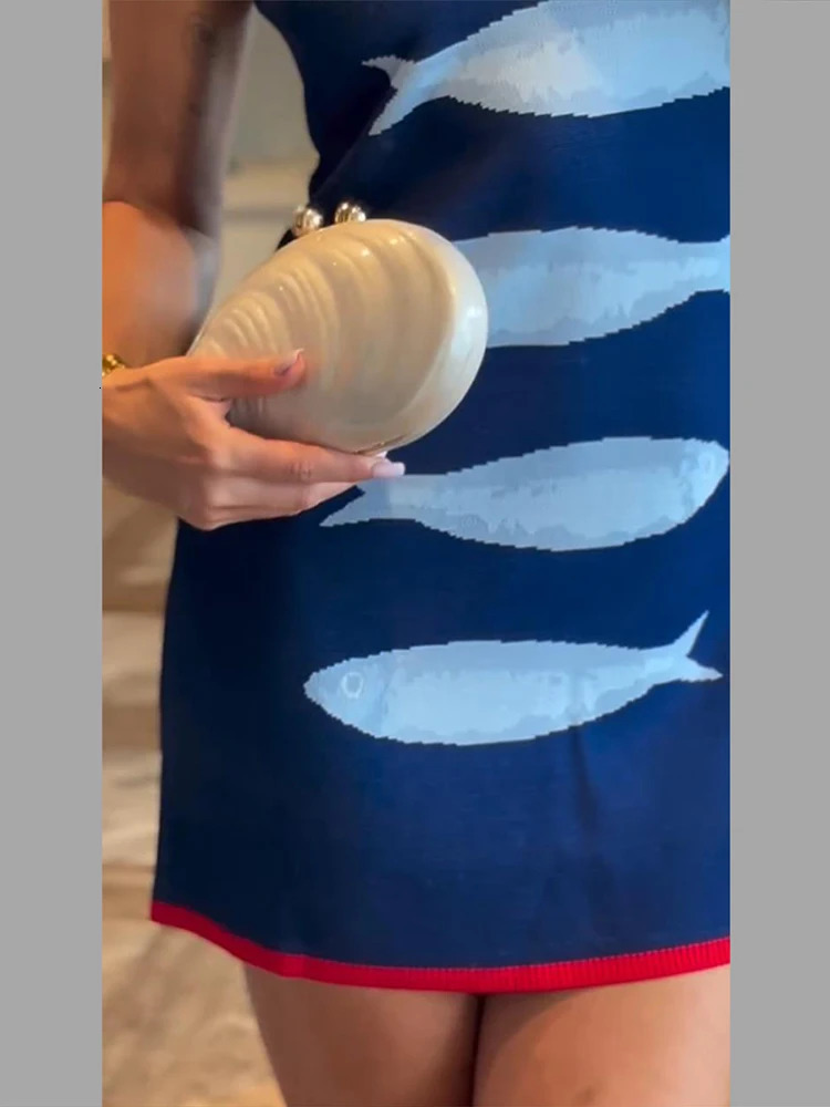 Women Knit Mini Dress Fish Pattern Contrast Dresses UNeck Sleeveless Spaghetti Strap Stretch Bodycon Summer Beach Tank 260623