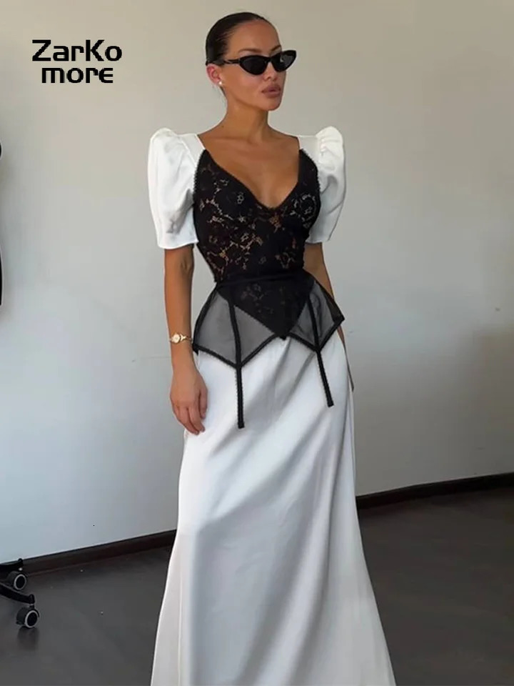 Elegant Womens Satin Lace Patchwork Waistband Dress V-neck Bubble Short Sleeved Zipper Dresses Summer Lady Party Robes 260623