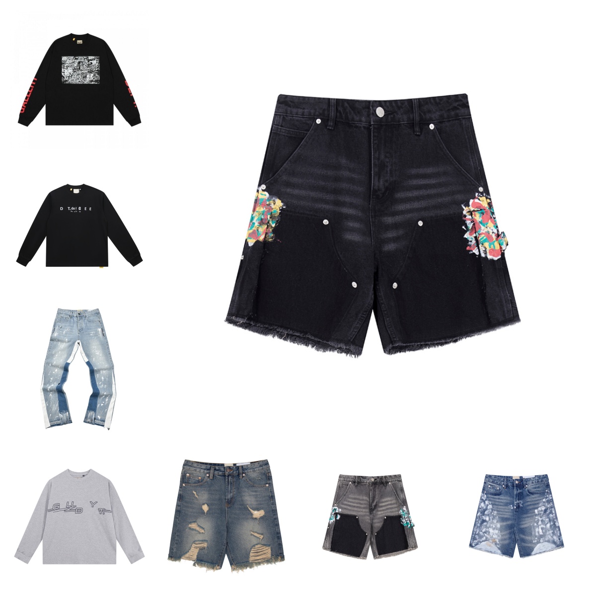 Hip hop retro high street designer round neck dpesweatshirt oversized graffiti fashionable street jeans men s casual comfortable shorts