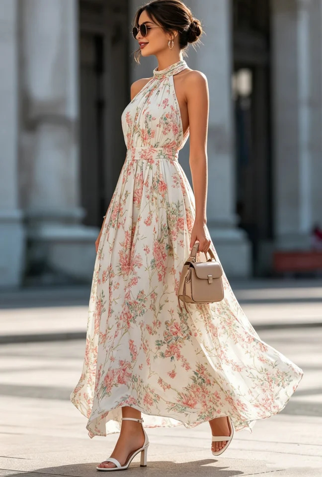 Womens Halter Neck Floral Print Pleated Chiffon Maxi Dress for Beach Wedding and Party 260624