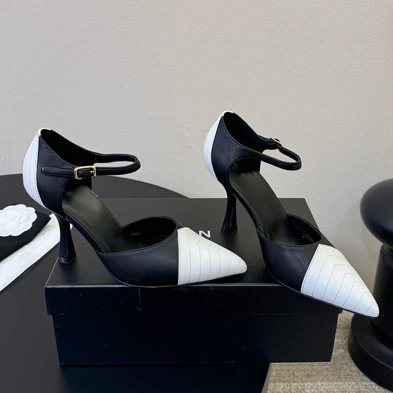 Designer Color Blocked Pointed Mary Jane Shoes Womens Summer High Heeled Sandals Ladie Buckle Black White Color Blocked Retro Ball Pump Leather Outs