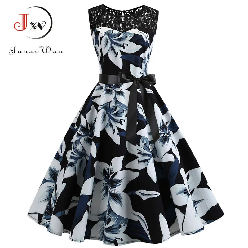 Lace Patchwork Floral Print Women Summer Dress Hepburn 50s 60s Elegant Vintage Office Ladies ALine Party Dresses Belt 260624