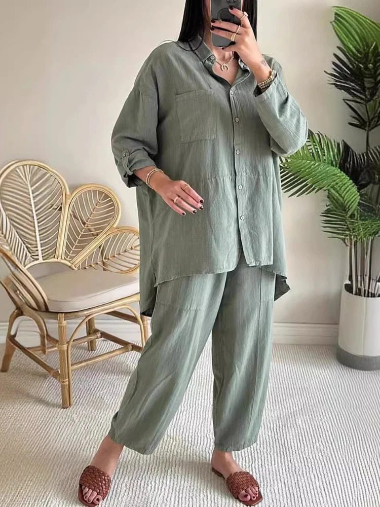 2024 Summer Fashion Womens Elegant Cotton Hemp Collar Single Breasted Loose Wide Leg Pants Two Piece Set 260623
