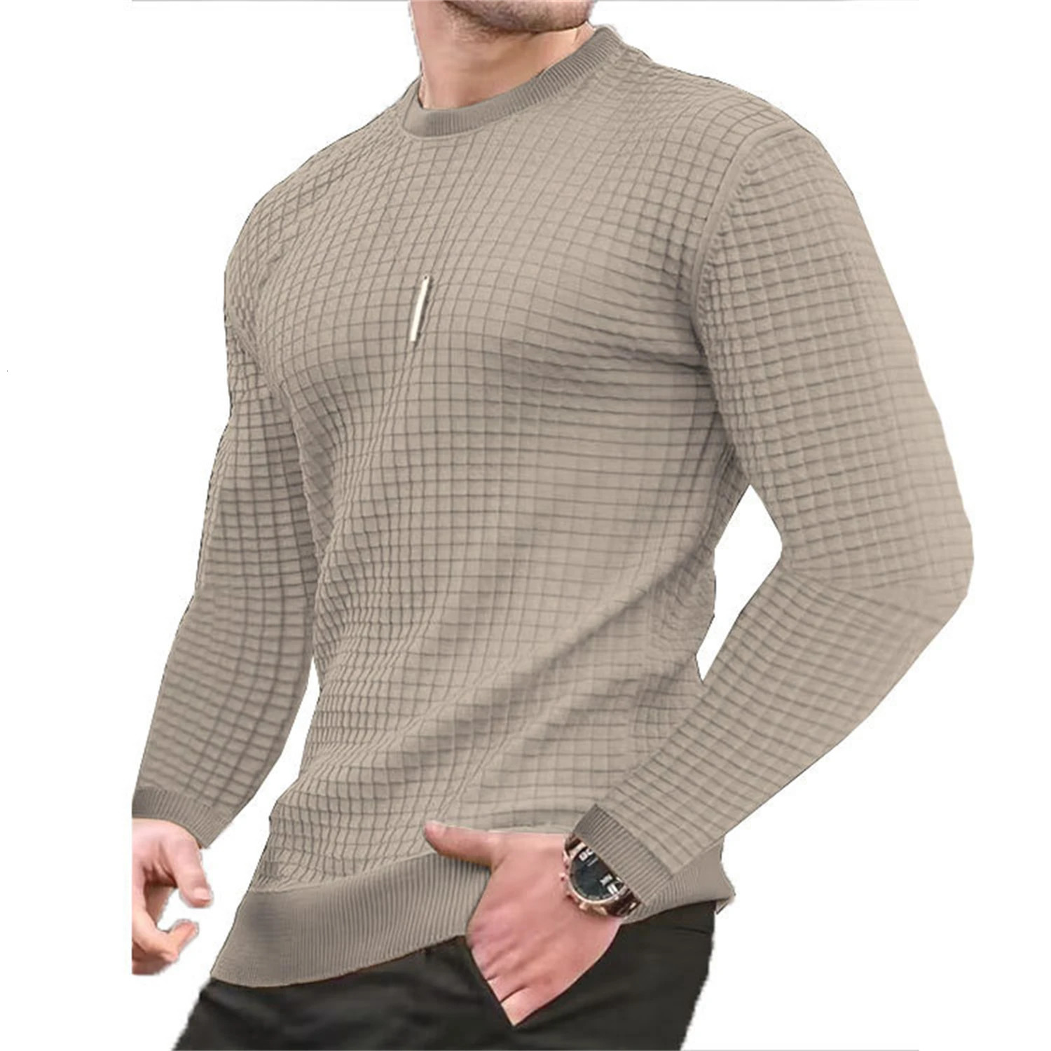 Mens coat fashion small check Waffle youth round neck jacquard check hoodie 260624