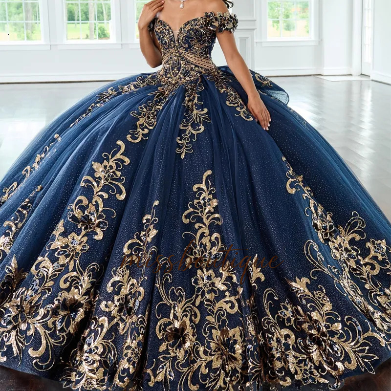 Navy Blue Shiny Quinceanera Dresses Off The Shoulder Sequin Gold Appliques Beads Tull Ball Gown Lace Up Vestidos De 15 Anos Sweet 16 Dress Q624