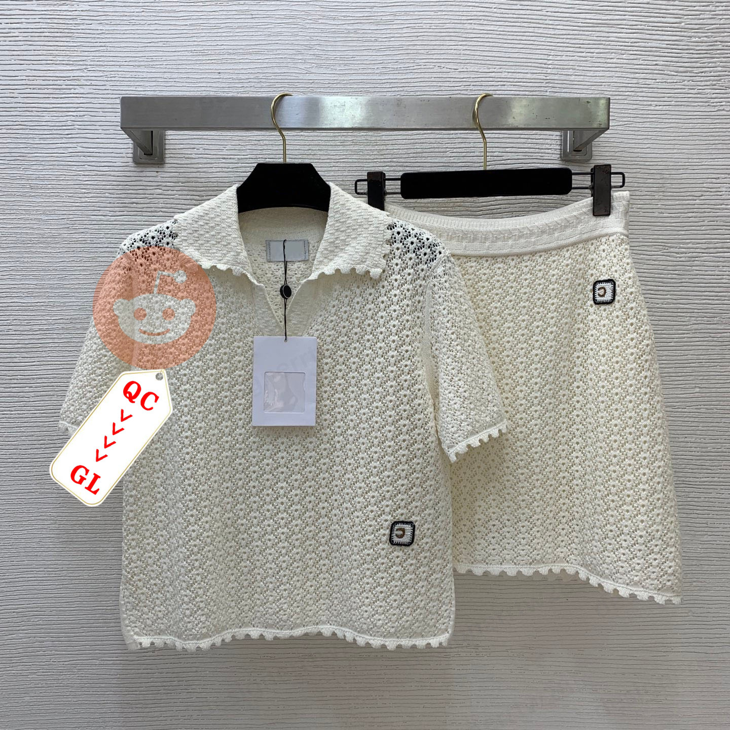 vêtements de créateurs pour femmes, ensemble tricoté en tweed ajouré, haut ouvert à col en V, jupe fine, style classique français vintage, design