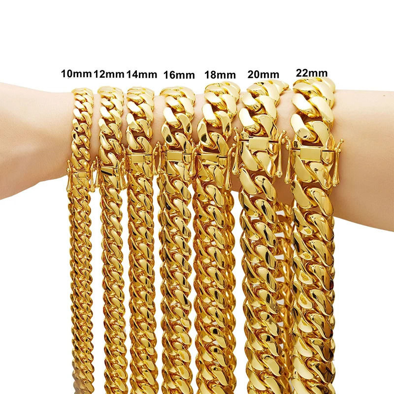 Hip Hop Bling Gold Color Stainless Steel Dense Cuban Miami Link Chain Necklaces for Men Rapper jewelry Drop 260624