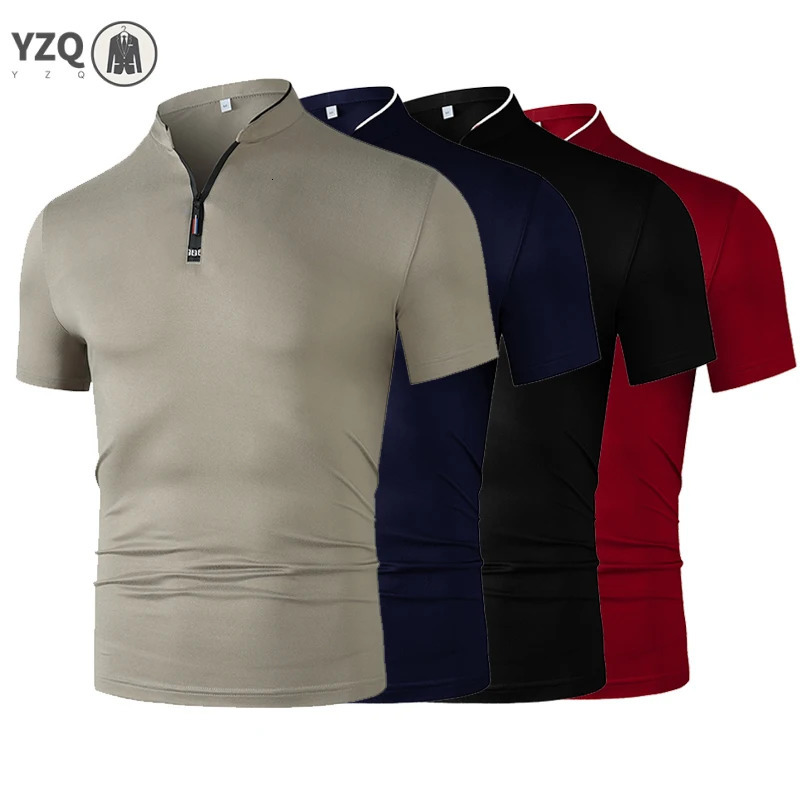 Mens Casual Fashion Zippered Solid Color Short Sleeve Polo Shirt Stand up Collar Versatile Comfortable Top 260616