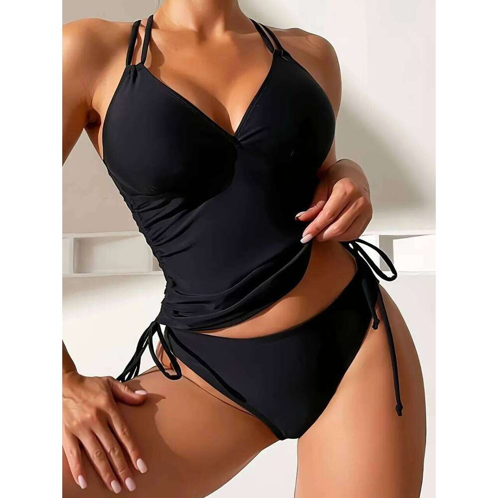 Strappy Drawstring Tankini 2026 Black Swimsuit Women Two Pieces Triangle Swimwear Female Bathing Swimming Suit Padded Beachwear W260624