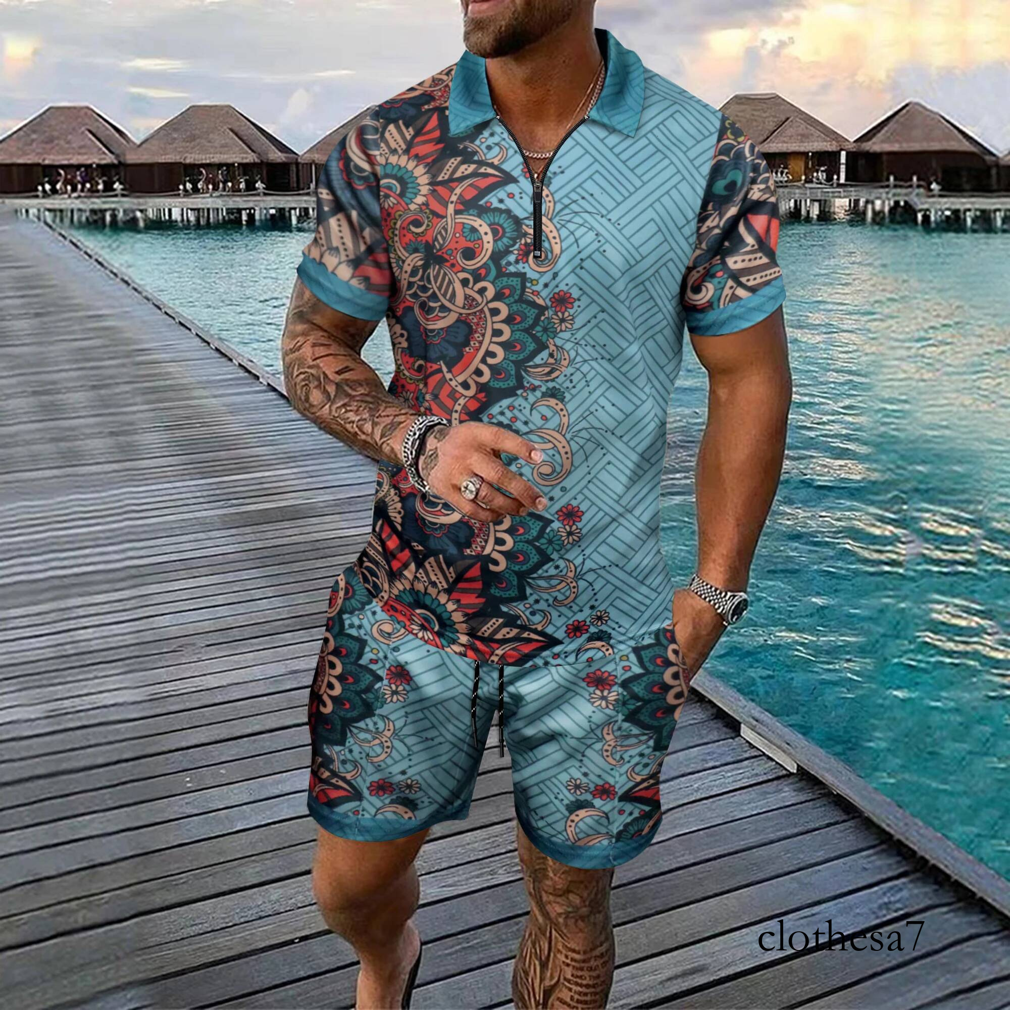 2025 New Summer Men's Loose Fashion Print Casual Mixed Short-sleeved T-shirt And Shorts Set Tracksuit Men Roupas Masculinas