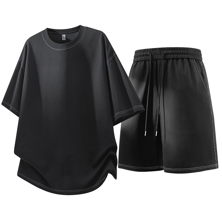 Sportswear T Shirt Shorts Plus-Size Ice Silk Short-Sleeve Two-Piece With Visible Stitching For Men And Women, Summer Thin Loose Casual Sports Shorts