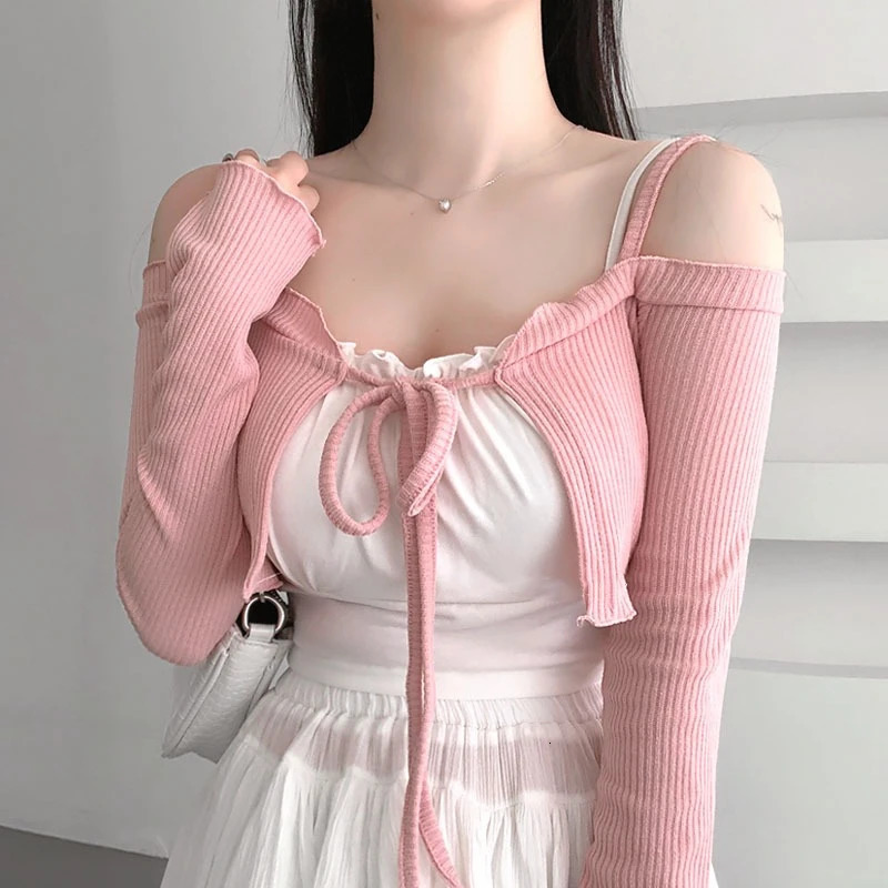 Fashion Pink Sexy Womens Off Shoulder Lace Up Coats Korea Spring Summer Sweet Cardigan Short Slim Sweater Straps Crop Top 260623
