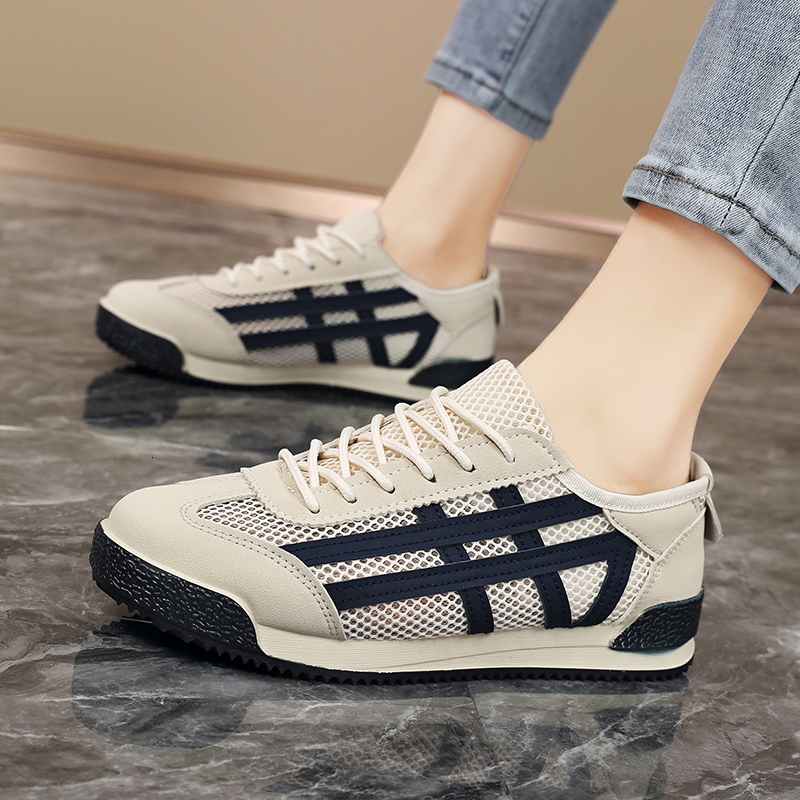 Unisex Breathable Mesh Sneakers Color Striped Patchwork Lace Up Flat Lightweight Summer Walking Casual Trainers For Men Women