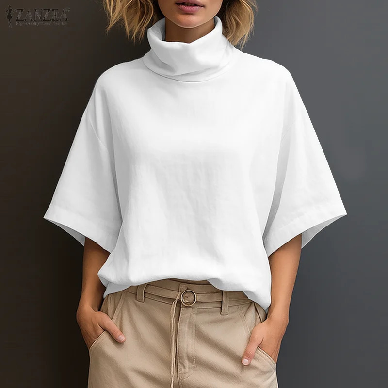Stylish Women Blouse ZANZEA Summer Office Shirt Elegant Solid OL Work Tunic Tops Turtleneck Half Sleeve Blusas Mujer Femme 260623