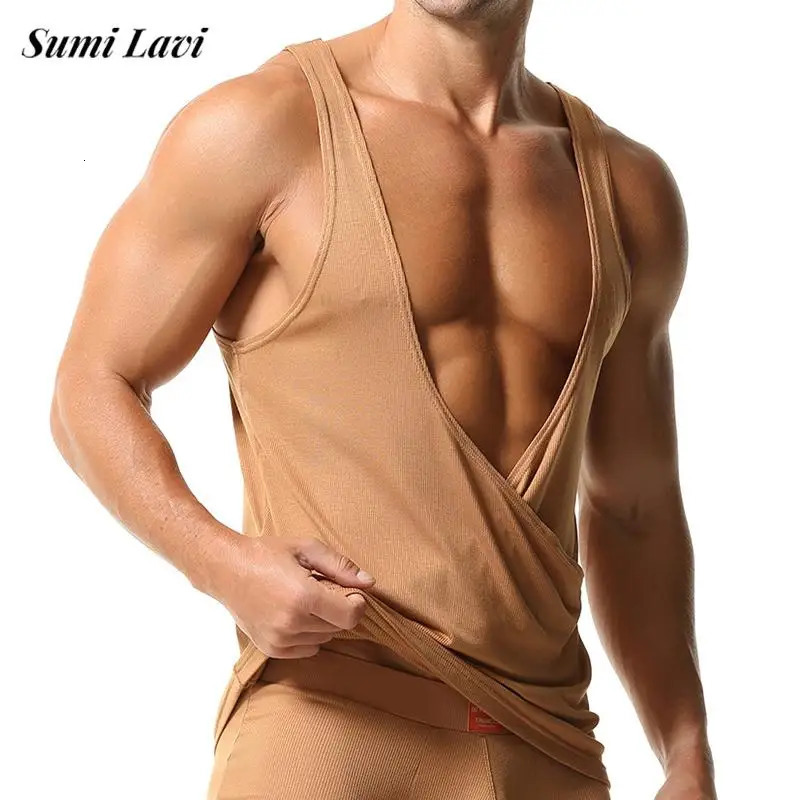 2026 Summer Casual Solid Color Mens Ribbed Vest Vintage Wrap Deep V Neck Sleeveless Tank Tops Men Leisure Loose Camisoles 260624