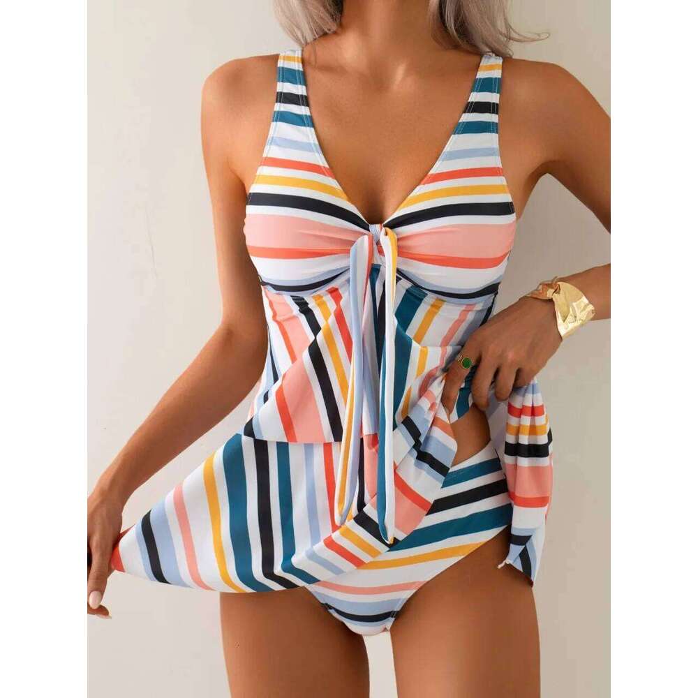 Stripe Printed Tankini Strappy Swimsuit 2025 Women Two Pieces Swimwear Female Beach Skirt Bather Bathing Swimming Suit Beachwear W260624