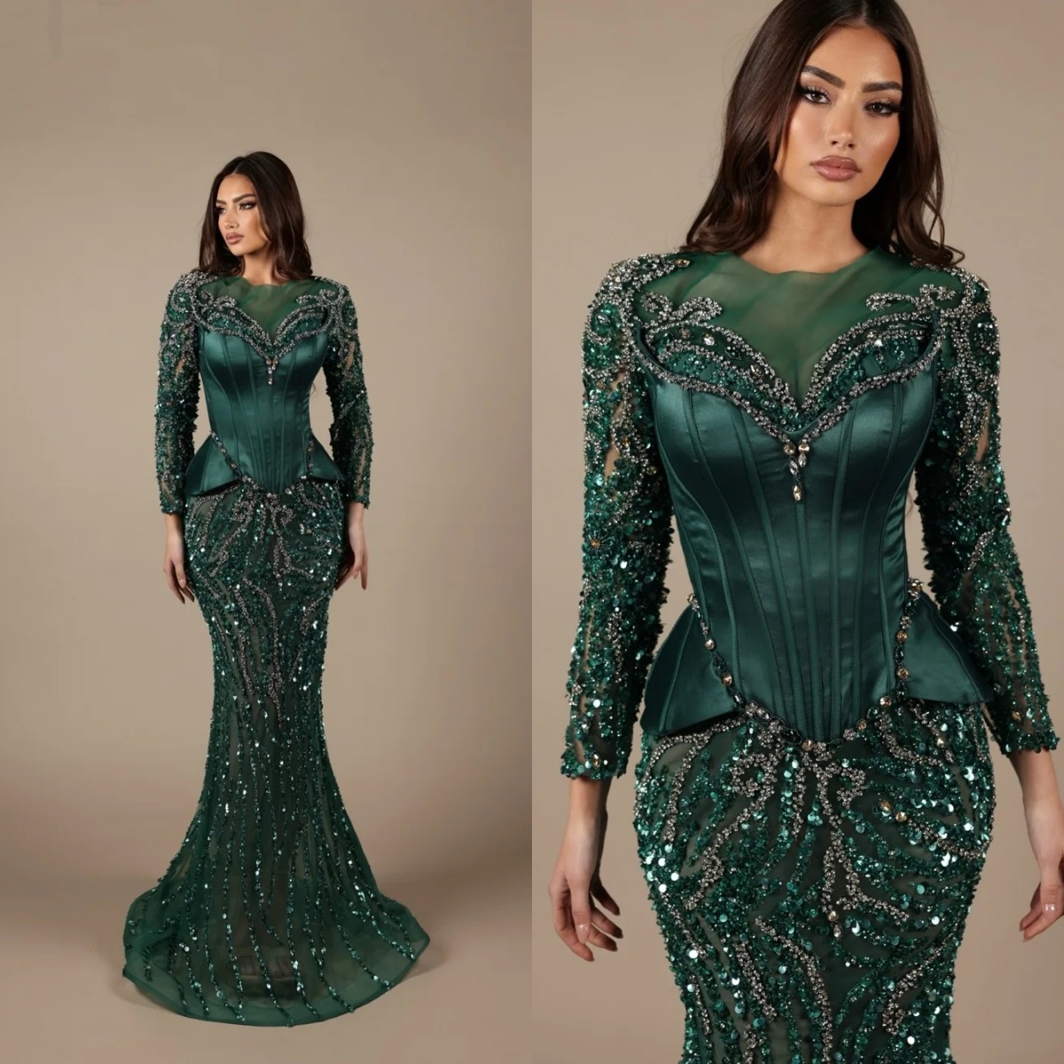 Vintage Sequins Evening Dresses Crystal Beaded Long Sleeve O Neck Mermaid Prom Dress Illusion Customized Party Gown Vestidos De Noche Plus Size