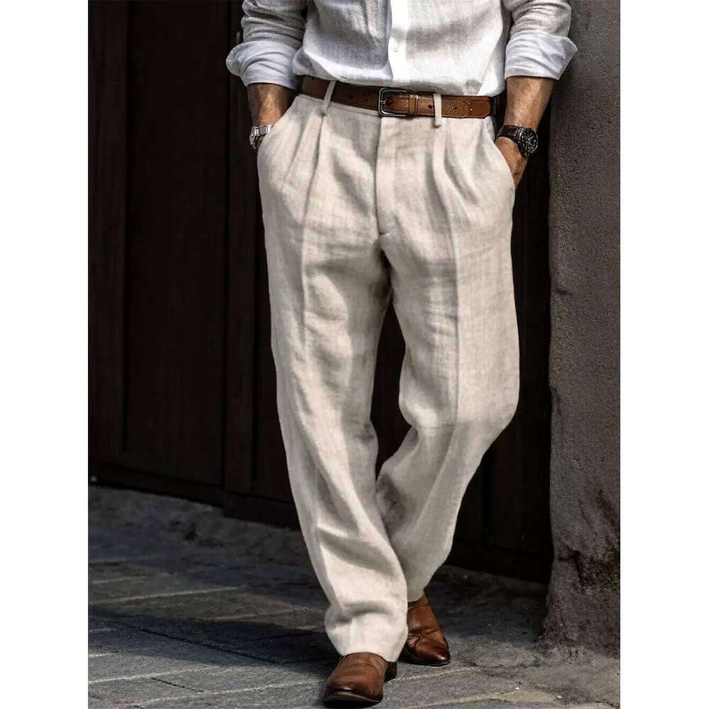 Men's Summer Linen Suit High Waist Pleated Wide Leg Casual Trousers Business Formal Breathable Loose Fit Straight Pants W260624