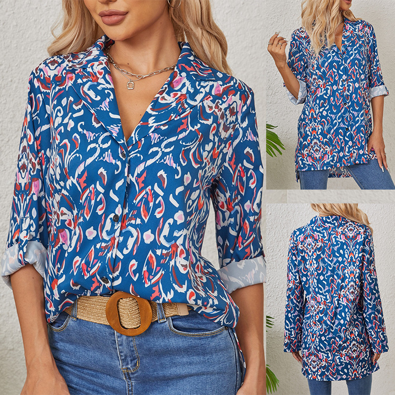 Trendy Printed Spring and Autumn New Style Foreign Trade Amazon Cross-Border Women's Loose Casual Long-Sleeve Shirt