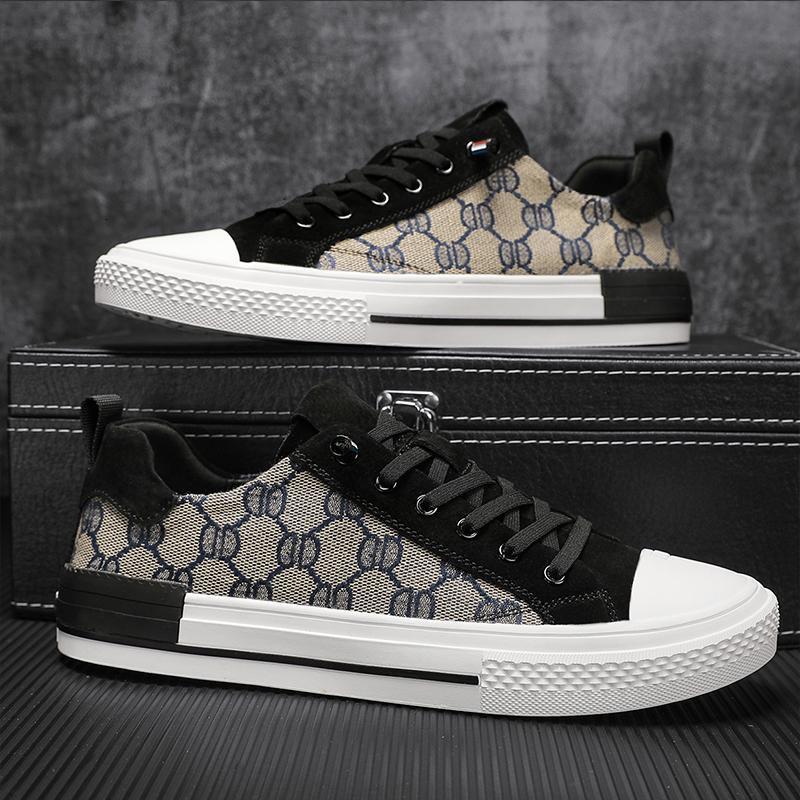 Unisex Vintage Print Canvas Sneakers Lace Up Round Toe Breathable Casual Street Walking Flat Shoes