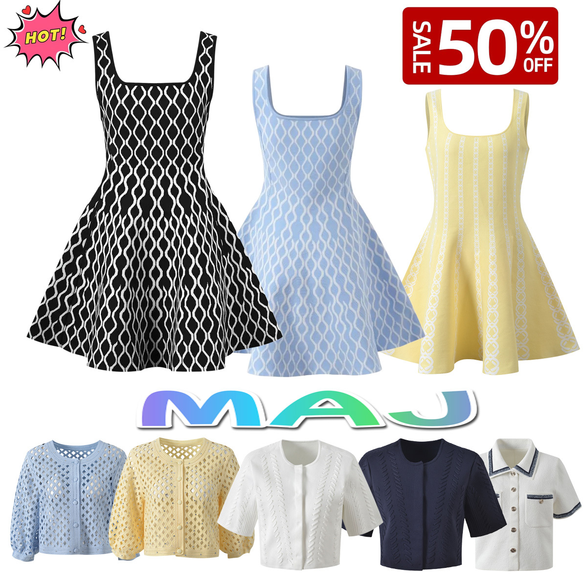 Ruffle Hem Design Slim Waist Flared Elegant Office Wedding Cocktail Party Outfits Luxury Designer Maje Women Sleeveless Square Neck Knit A Line Mini