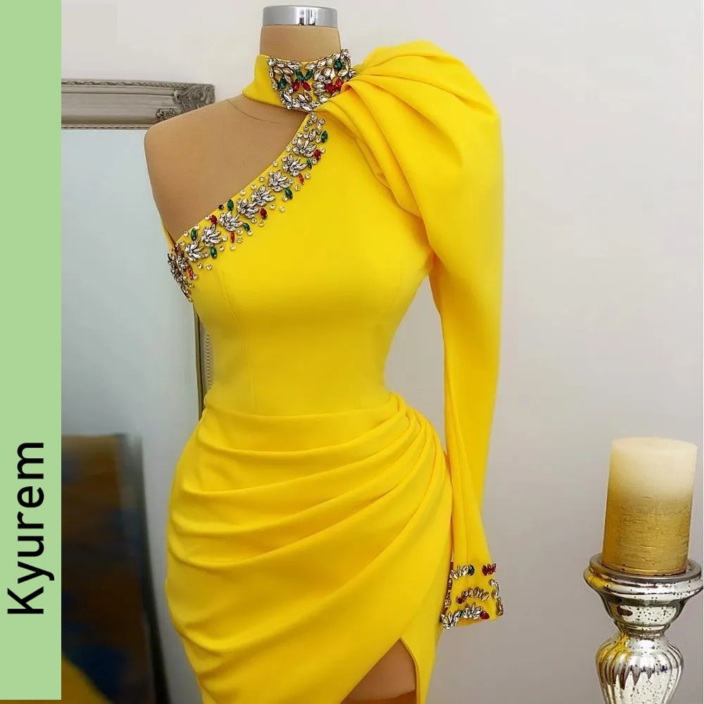 Long Sleeve Satin Cocktail Dresses High Neck One Shoulder Crystal Vestidos De Gala Formal evening prom dresses Robe De Soiree custom made