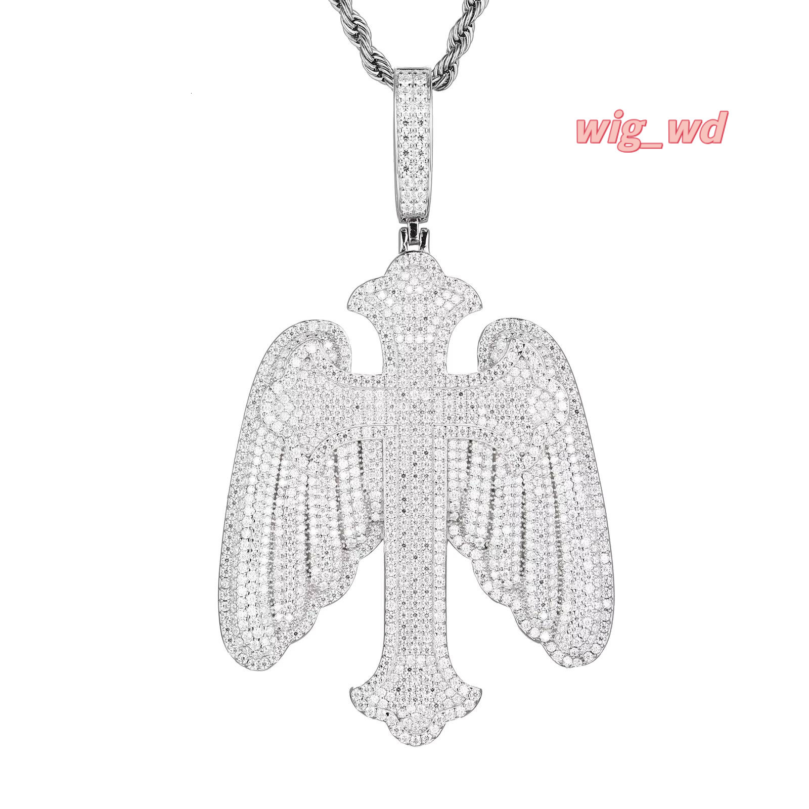 Fashion Mens Hiphop Jewelry White Gold Plated 925 Sterling Silver VVS Moissanite Brilliant Cut Iced Cross Pendant Angel Wings
