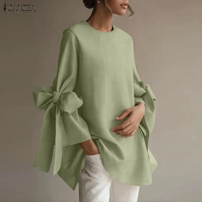 ZANZEA Fashion Bow 34 Sleeve Blouse Women Elegant Office Lady Shirts Summer Spring ONeck Casual Loose Solid Party Tops Blusas 260623