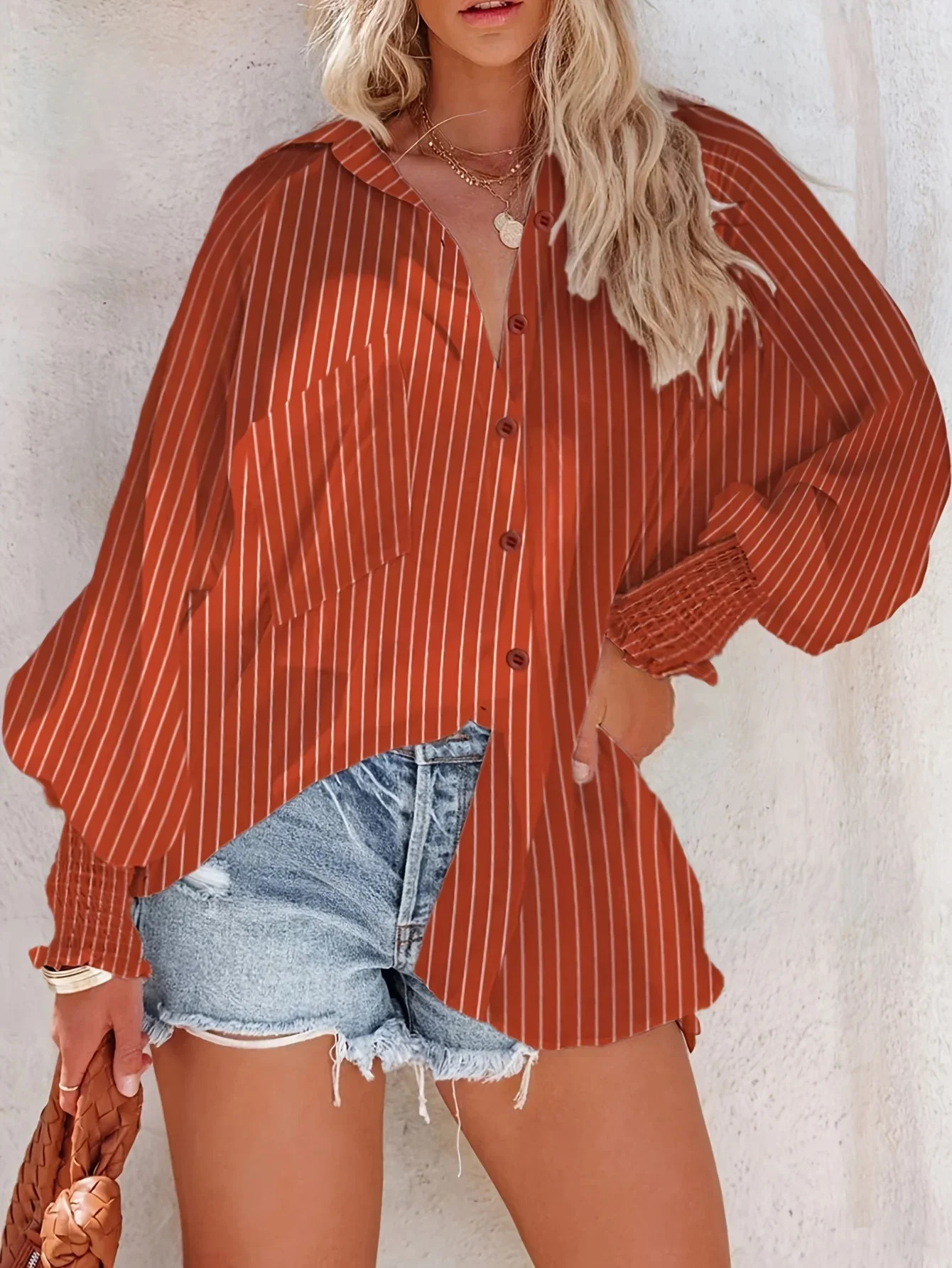 Womens Plus Size 1XL-5XL Casual Striped Breathable Long Sleeve Blouse Shirt Ladies Fashion V-neck Button-down Loose Shirt Top 260623