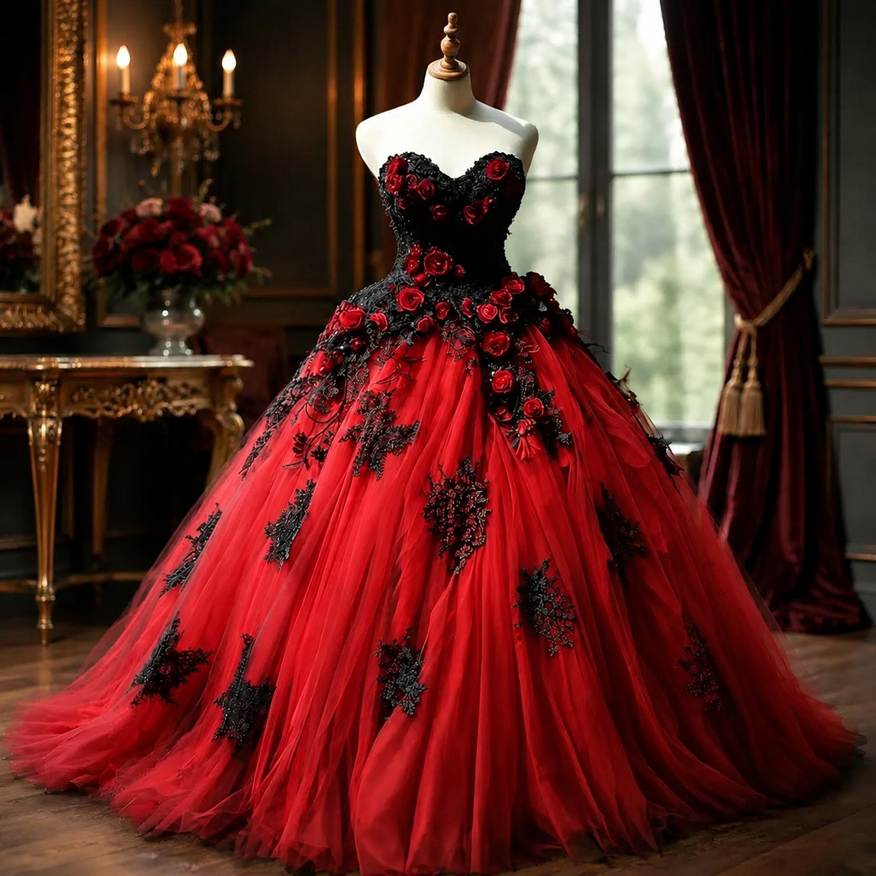 Red And Black Gothic Prom Dresses Floral Lace Appliques Floor Length Strapless Ball Gown Evening Gowns Vampire Vintage Halloween Masquerade Costume