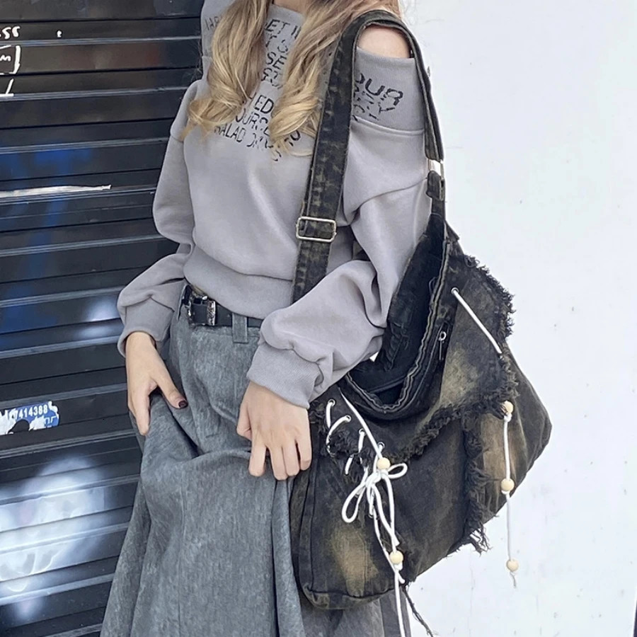 Y2K Korean Harajuku Gothic Hobo Denim Bag Aesthetic Vintage Purses WomenHandbag Crossbody Messenger Tote Peddler Shoulder Bags 260624