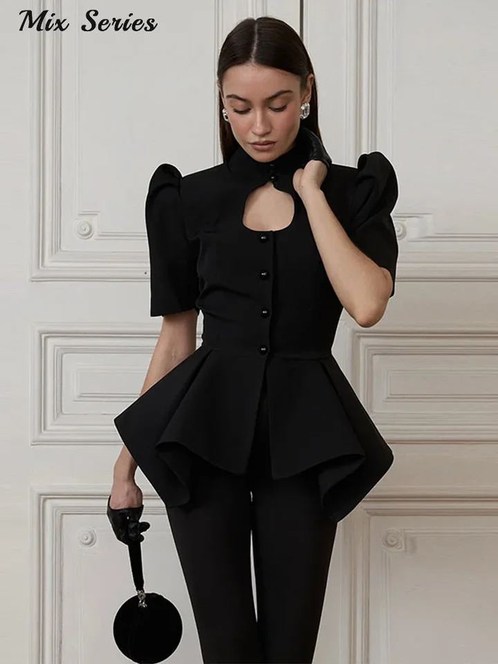 Fashion Chest Cutout Ruffle Hem Blouse Womens Short Sleeve Single Button Shirt 2026 Summer Lady Casual Style Chic Top 260624