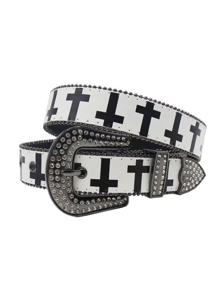 black and white cross rhinestone printed belt Y2K personalized gothic trend PU leather belt 260624