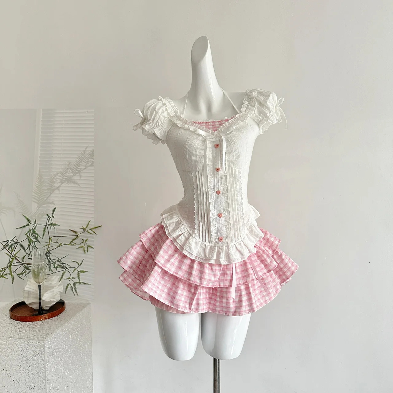 Japanese Kawaii Lolita Elegant 2 Piece Sets Women Pink Y2k Bow Mini Skirt Suit Female Princess Sweet Chic Outfits Summer 260624