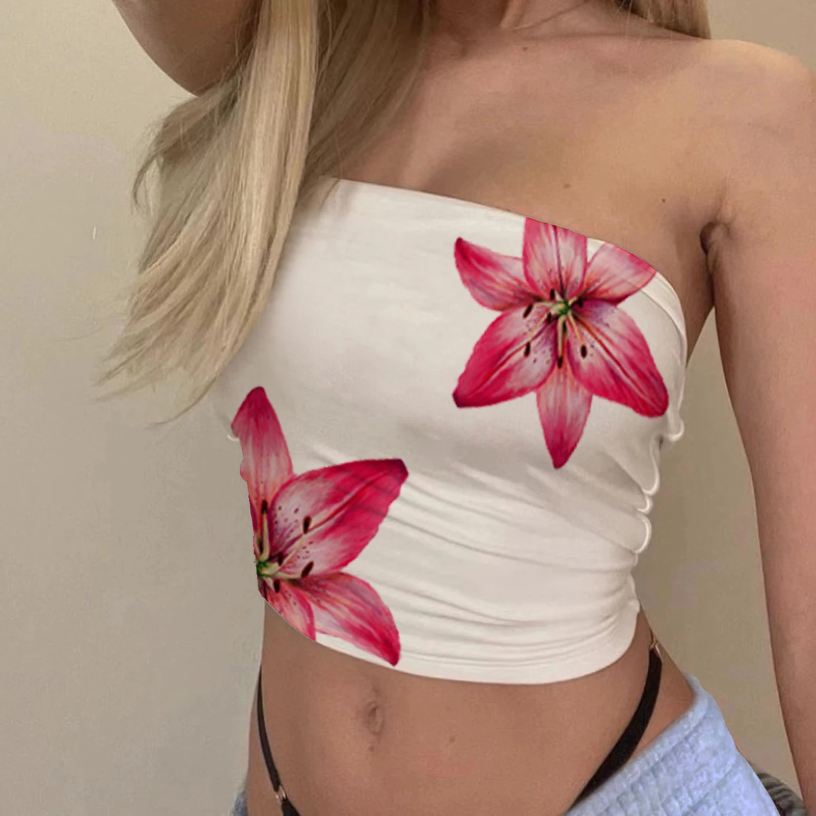 Womens Floral Print Tube Tops Summer Strapless Bandeau Slim Fit Shirts Streetwear 260616