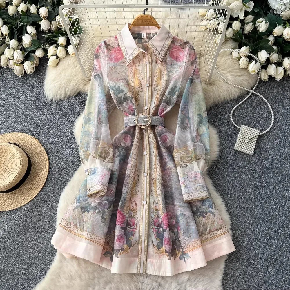 Elegant Flower Printed Long Lantern Sleeve Linen Mini Dress 2026 Womens Lapel Single Breasted Birthday Party Club Vestidos 260623
