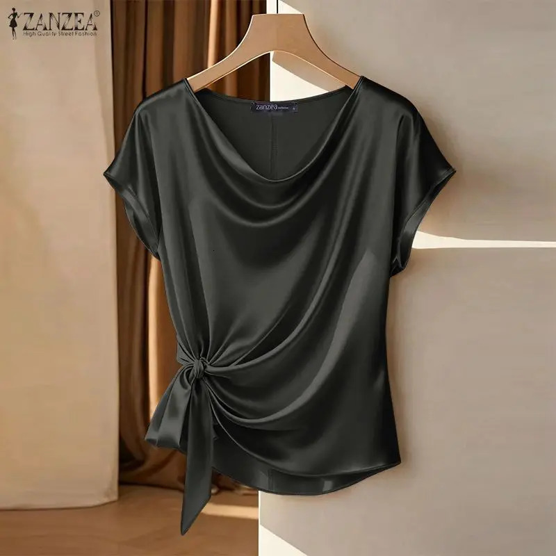 Stylish Summer Blouse ZANZEA Elegant Women Swing Neck Short Sleeve Tops Stain Solid Color Work Shirt Casual Tunic Mujer Femme 260623