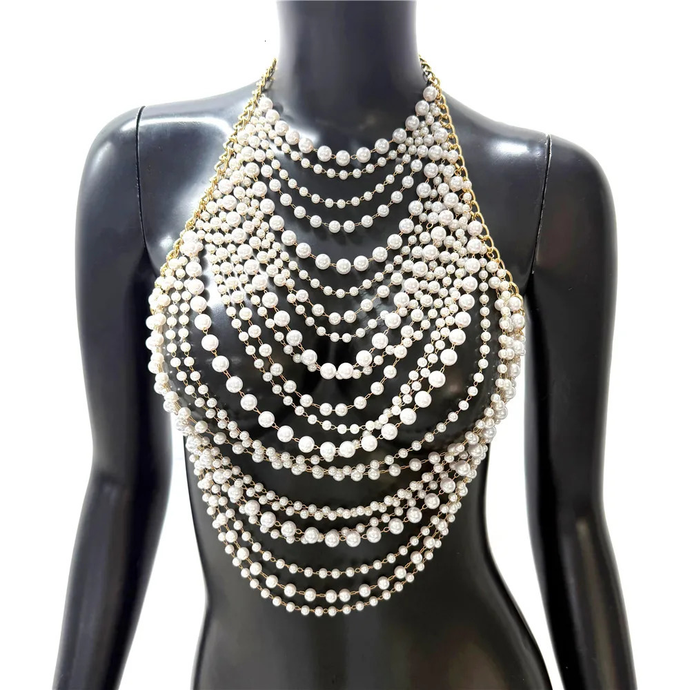 Elegant Tassel Pearl Chain Women Tank Top Body Chain Sexy Hollow Out See Through Backless Halter Neck Crop Top Party Club Camis 260623