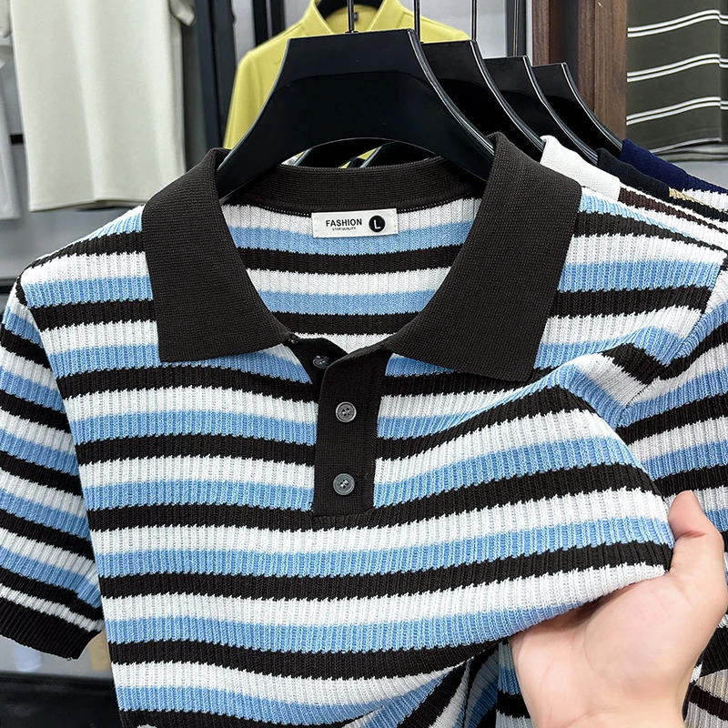 Light Knitted Polo Shirt Mens Short Sleeved 2026 Summer Item Versatile Fashion Lapel Ice Silk T-shirt 260623