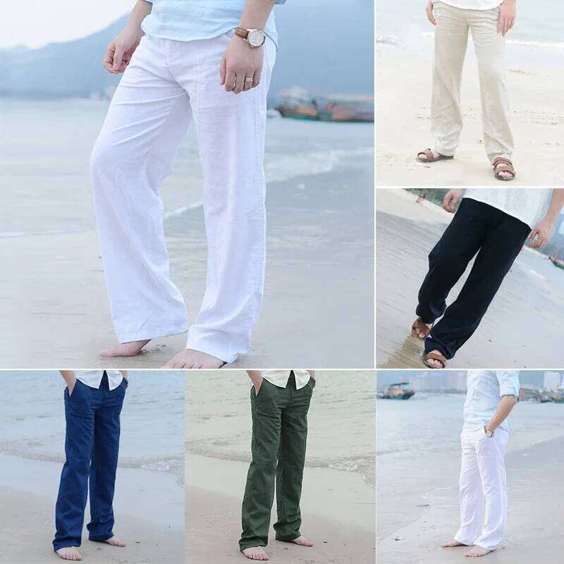 Men's plus size cotton linen loose and cool casual elastic waist pants, street wear, lightweight pants W260624
