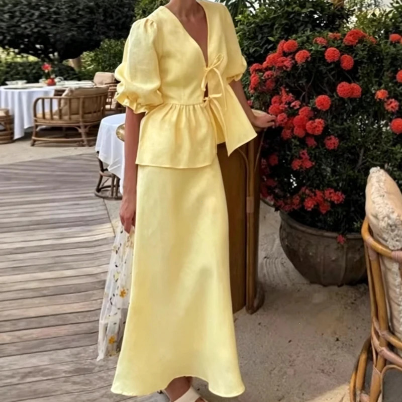 2026 Summer Womens 100 Cotton VNeck LaceUp Bubble Sleeve Shirt Long Skirt Set Loose Casual TwoPiece Suit 260623