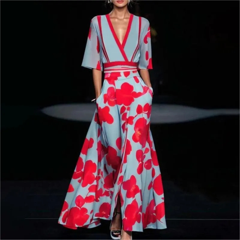 Women Fashion Spring V Neck Belted Party Long Dress Sexy Printing A-Line Boho Dress Summer Short Sleeve Pocket Maxi Dresses 260623